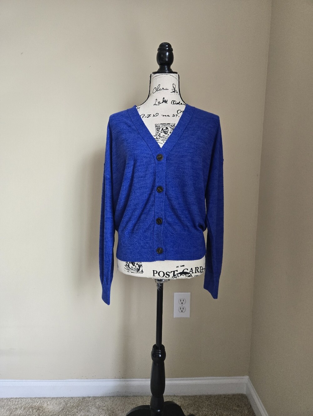 Loft Ramie Blend Cardigan Womens L Blue Button Front V Neck